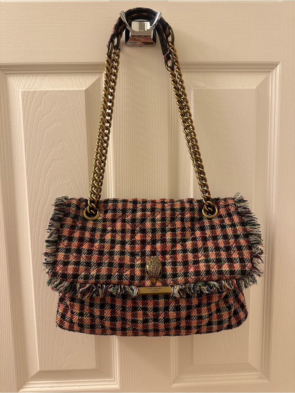 Kurt Geiger Pink and Black Tweed Chain-Handle Shoulder Bag